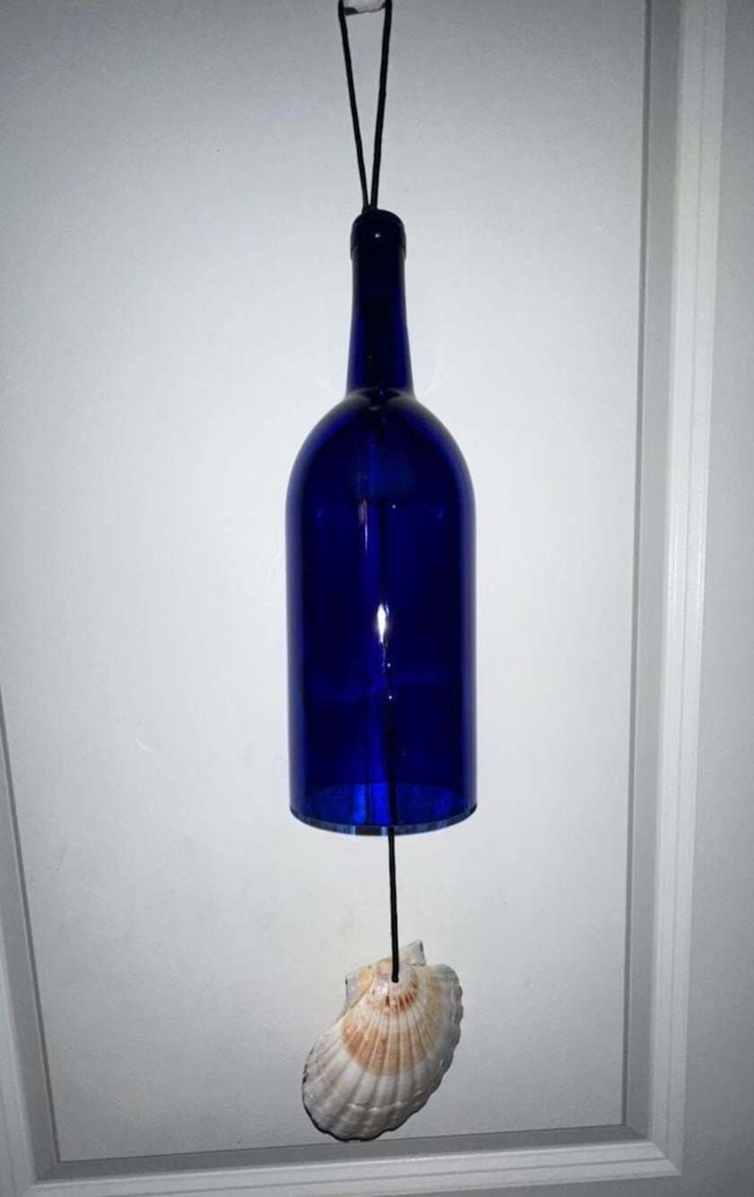 Handcrafted Cobalt Blue Glass Wine Bottle Wind Chime with Seashell Clapper